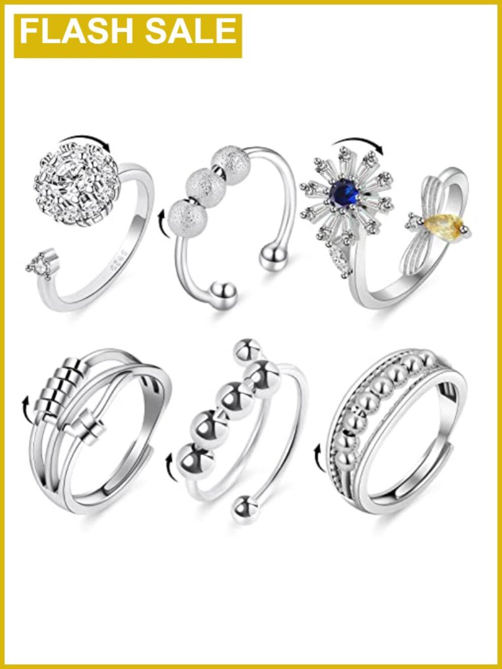 6PCS Anti Anxiety Fidget Ring Set Adjustable Open Brass Cubic Zirconia Spinner